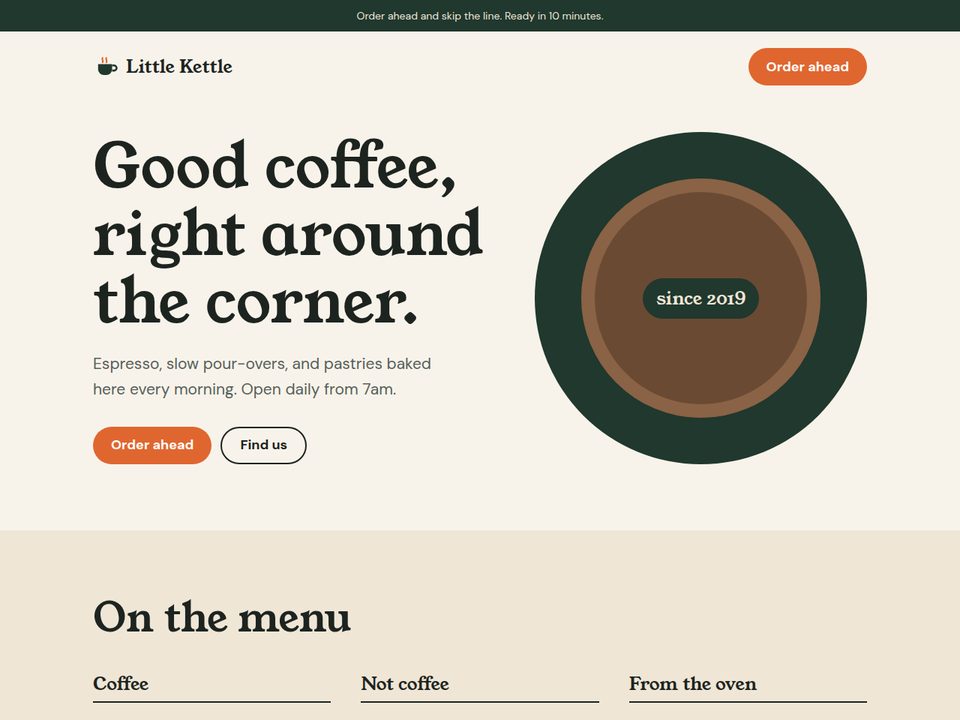 Homepage of the Little Kettle Coffee concept site