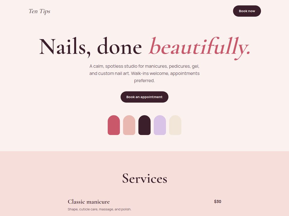 Homepage of the Ten Tips Nail Studio concept site